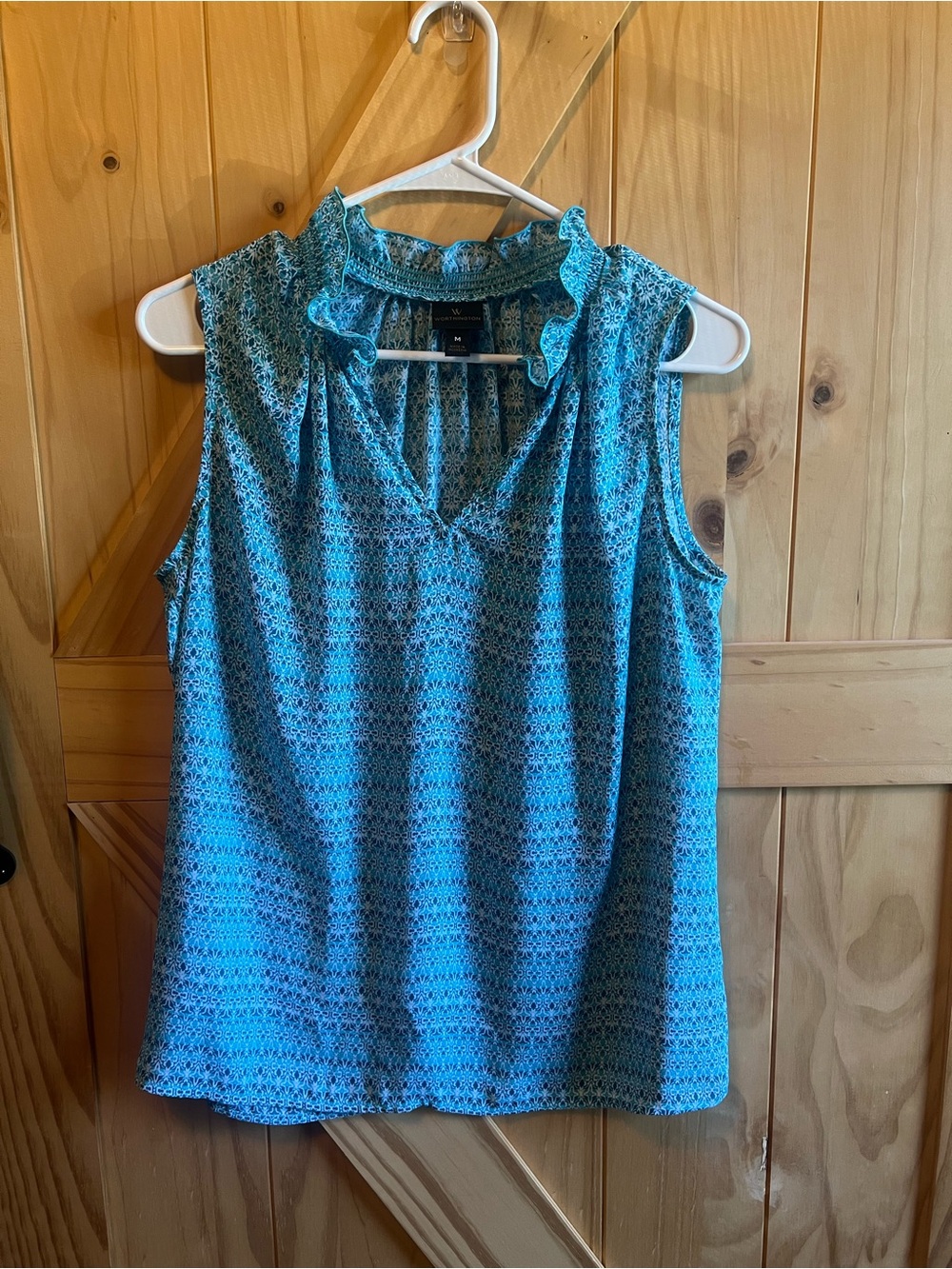 Worthington Teal Patterned Ruffle V-Neck Sleeveless Top Size M Summer Career